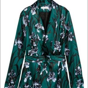 H&M green satin belted blazer with floral print